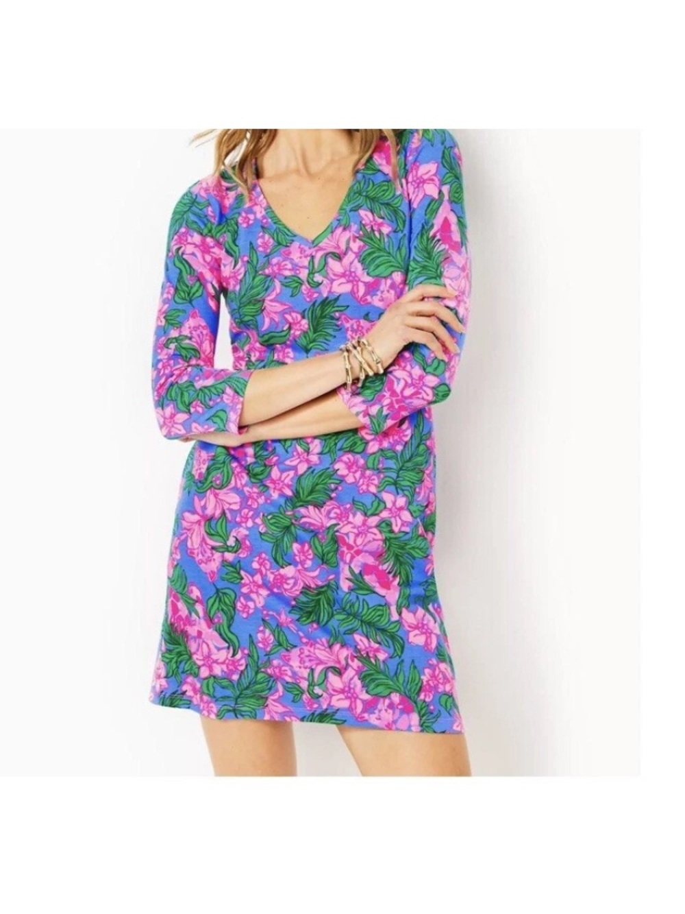 Lilly Pulitzer Tess 3/4 Sleeve b neck Dress Cerise Pink Safari Sunset